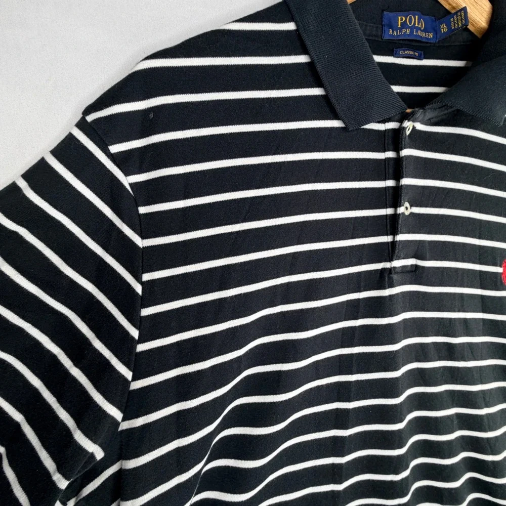 Polo Ralph Lauren Mens XL Classic Fit Striped Polo Shirt Black White Red Pony
